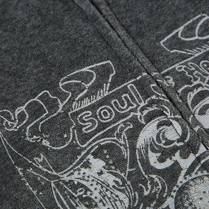 Y2K Graphic Print Zipper Jacket with Hooded Vintage Aesthetic Gray 2000s Women Coat Knitted Outwear Autumn Outfits