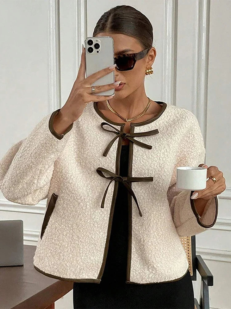 Elegant Women's Lamb Wool Cropped Cardigans Round Neck Lace-Up Long Sleeve Pocket Short Jackets 2024 Autumn New In Outerwears