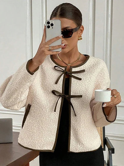 Elegant Women's Lamb Wool Cropped Cardigans Round Neck Lace-Up Long Sleeve Pocket Short Jackets 2024 Autumn New In Outerwears