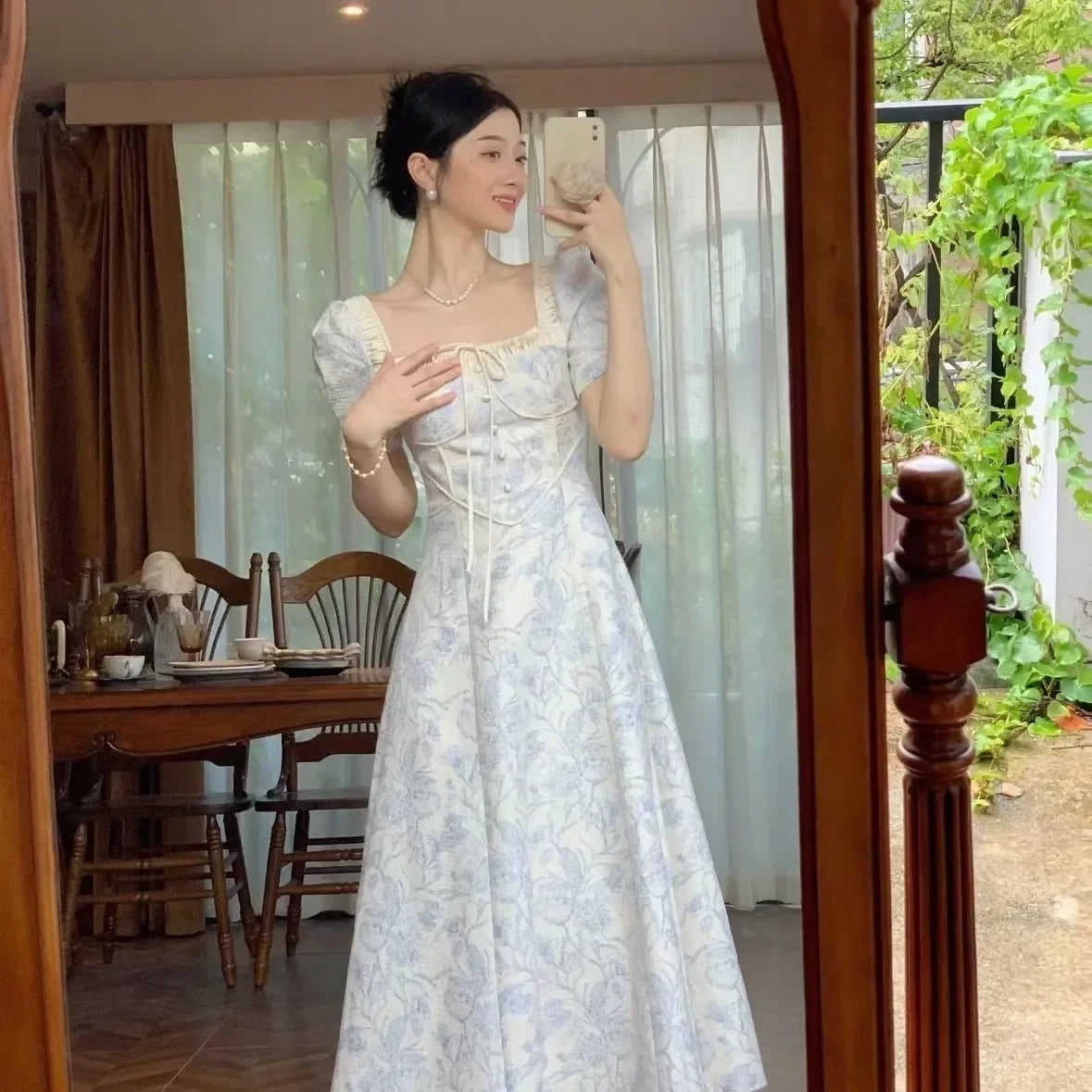 Summer New French Palace Style Sweet Dress Women Floral Print A-line Puff Short Sleeve Elegant Waist Slim Long Dresses