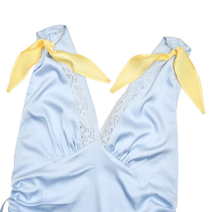 Elegant Lace Patchwork Satin Tank Maxi Dress Women's Deep V-Neck Sexy Backless Lacing Sleeveless Contrast Slim Long Dress