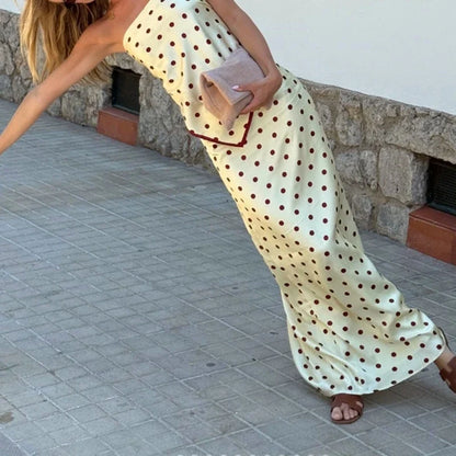 Women Satin 2Piece Skirt Sets Summer Trendy Polka Dot Outfit Y2k Strapless Tube Top + Maxi Skirt Silky Going Out Set