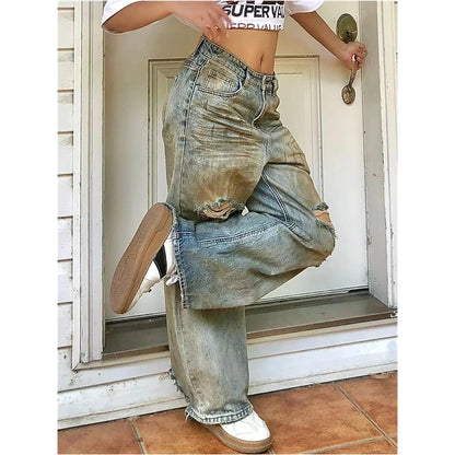 Autumn Blue Womens Ripped Jeans High Waist Baggy Casual Vintage Y2K Trend Straight Pants Street American Wide Leg Denim Trouser