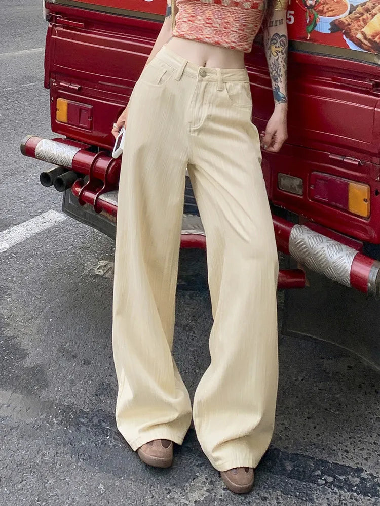 Women‘s Beige Hotsweet Denim Wide Leg Pants Y2K Summer Casual Straight Baggy Jeans Female ’