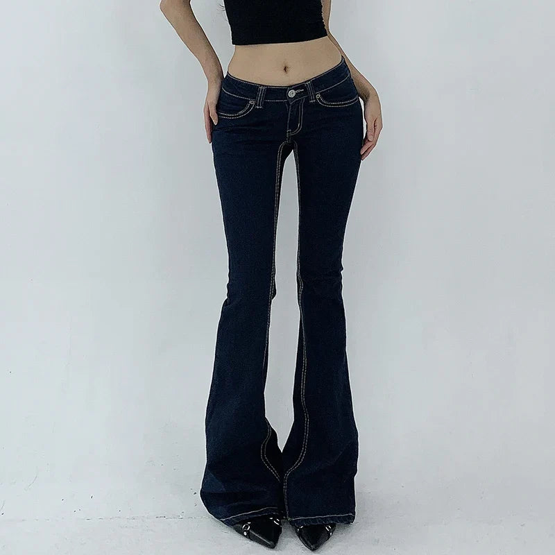 Vintage Dark Blue Y2K Flare Jeans Women Low Rise Skinny Denim Trousers Fashion Basic Boot Cut Pants Retro High Street