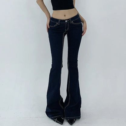 Vintage Dark Blue Y2K Flare Jeans Women Low Rise Skinny Denim Trousers Fashion Basic Boot Cut Pants Retro High Street
