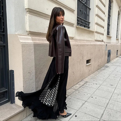 Women Elegant Ancora Red Zipper Leather Jacket 2 Piece Set Fashion High Waist Solid Cropped Mini Skirt Suit Lady Streetwear
