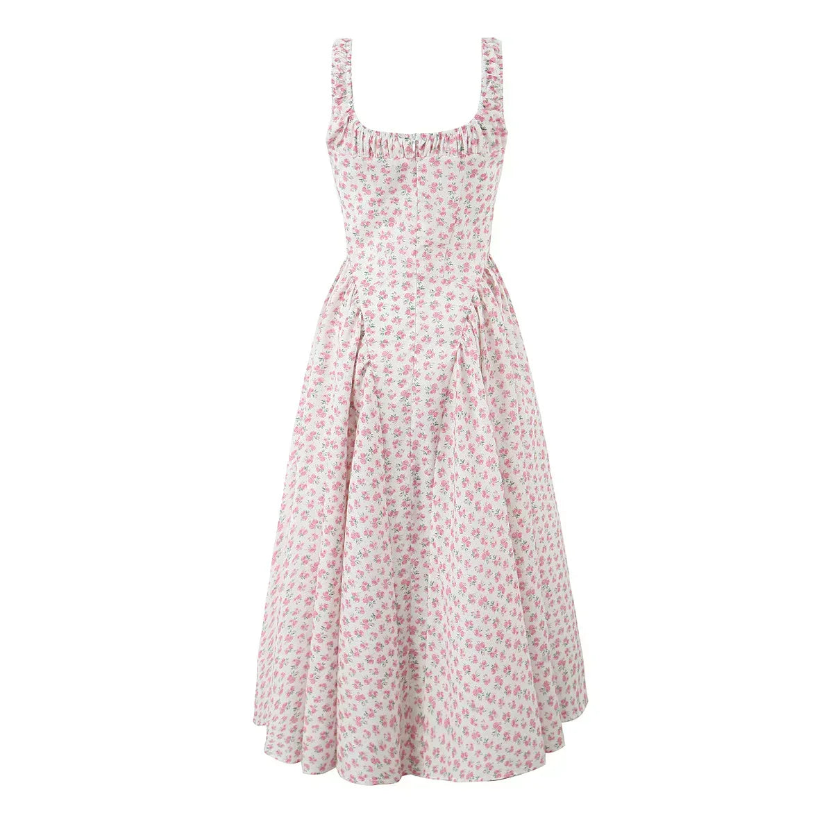 Square Neck Ruffle Strap Ditsy Floral Fit and Flare Midi Dress