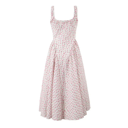 Square Neck Ruffle Strap Ditsy Floral Fit and Flare Midi Dress
