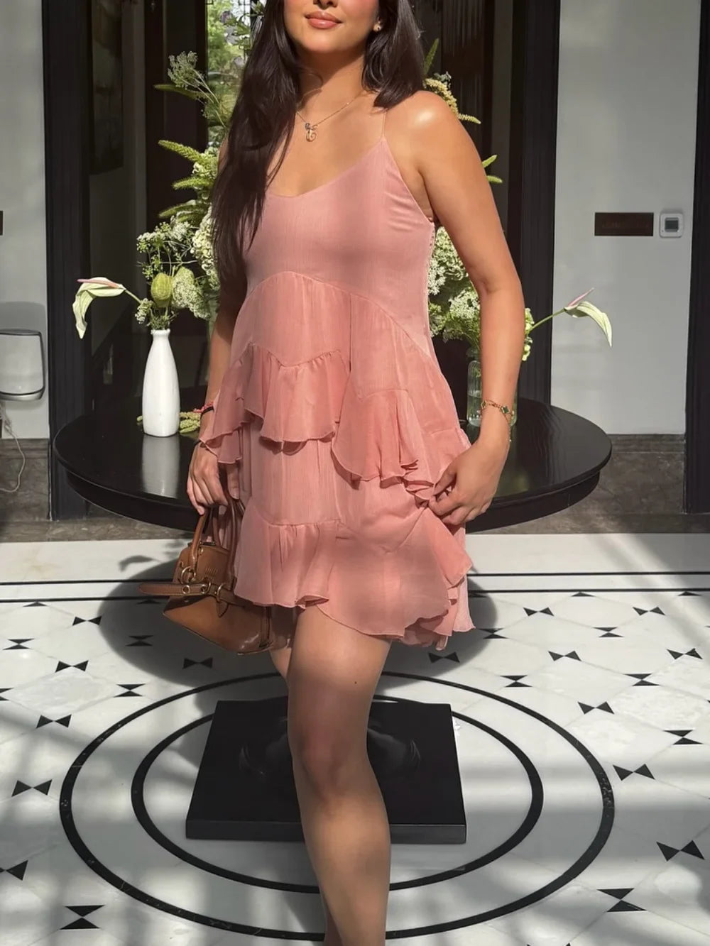 Women's Sweet Chic Suspender Dress Pink Solid Layered Zipper Mini Dress Fashion Spring Summer Holiday Beach Party Dress