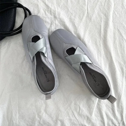 New Women's Ballet Slippers Pink Soft Sole Shallow Heel Round Head Fiberglass Fabric Retro Style Low Heel