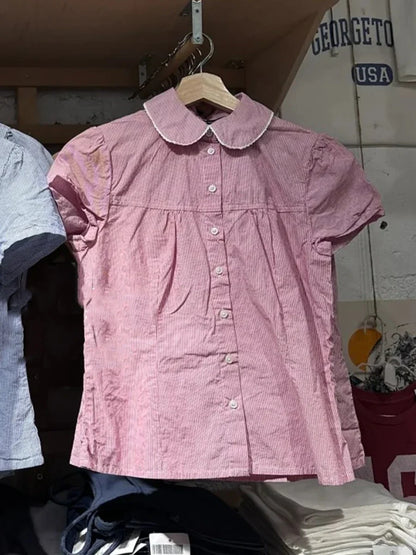 Pink Striped Peter pan Collar Blouse Women Casual Preppy Style Button Short Sleeve Tees Sweet Vintage Cute T-shirts Y2K Tops New