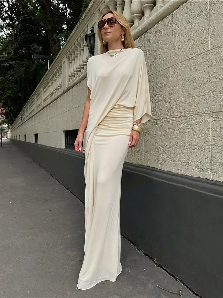 Puss Elegant 2-Piece Set Women Irregular Sleeve Ribbon Top+Peach Hip Bottom Casual Classic Office Stretch Slim Outfits
