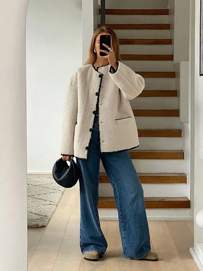 New Women's Round Collar Lamb Wool Warm Jacket Fashion Contrast Single Breasted Pockets Loose Coat Female Thermal Outwear