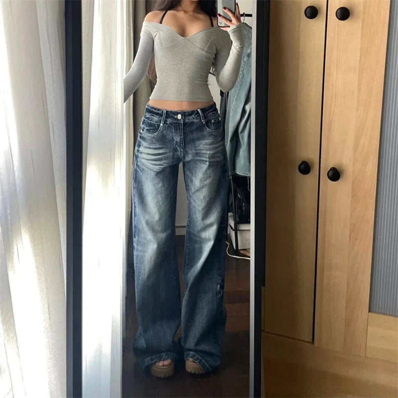 Women's Retro Wide Leg Washed Blue Jeans Summer New Cool Girl Straight Bottoms Vintage Casual Trousers Female Mid-Waisted Pants