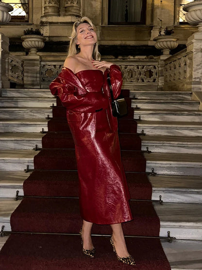 PU Leather Tube Dresses Suit Coat Women's Set Vintage Solid Slim Fit Long Dress Lapel Jackets Sets Female Chic Street Outfits
