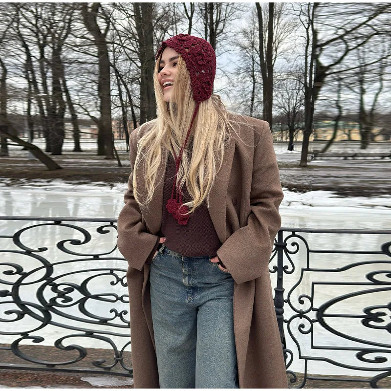 Elegant Solid Double Breasted Long Coat Women Chic Casual Loose Lapel Pad Shoulder Tweed Coats Lady Winter Retro Street Outwear