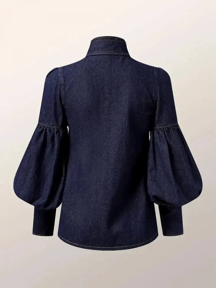 Female Stylish Tie Design High Neck Blouses New Autumn Fashion Imitation Denim Puff Sleeves Casual Shirts