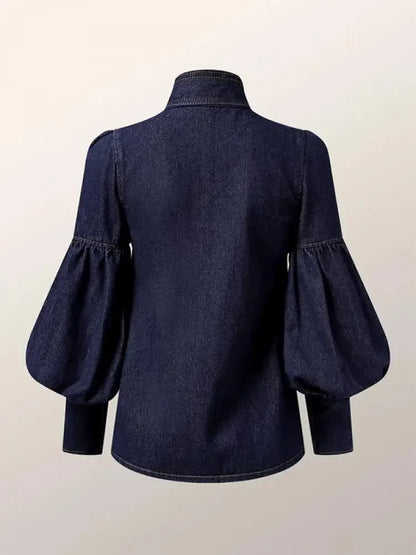 Female Stylish Tie Design High Neck Blouses New Autumn Fashion Imitation Denim Puff Sleeves Casual Shirts