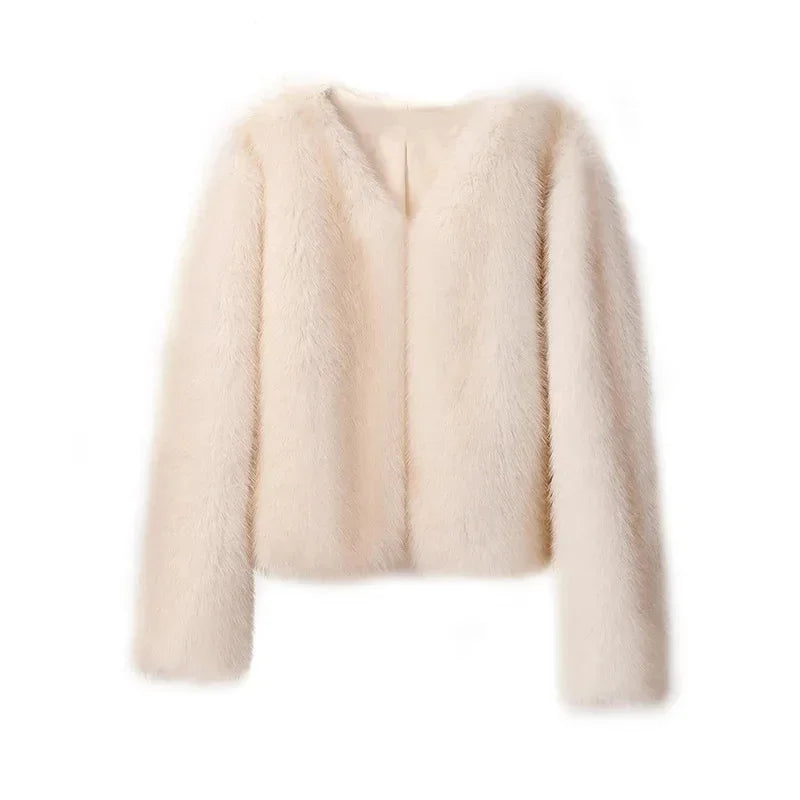 Fashion Faux Fur Jacket Coat Women Streetwear Warm Fluffy Solid Loose Long Sleeve V Neck Female Cardigan Winter Outwear