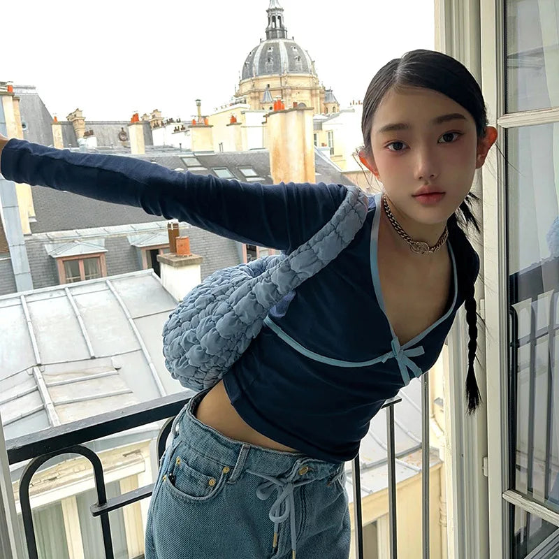Contrast Patchwork Bow Crop T-shirt Women V-neck Long Sleeve Slim Versatile Pullover Top Hottie Casual Tees Streetwear