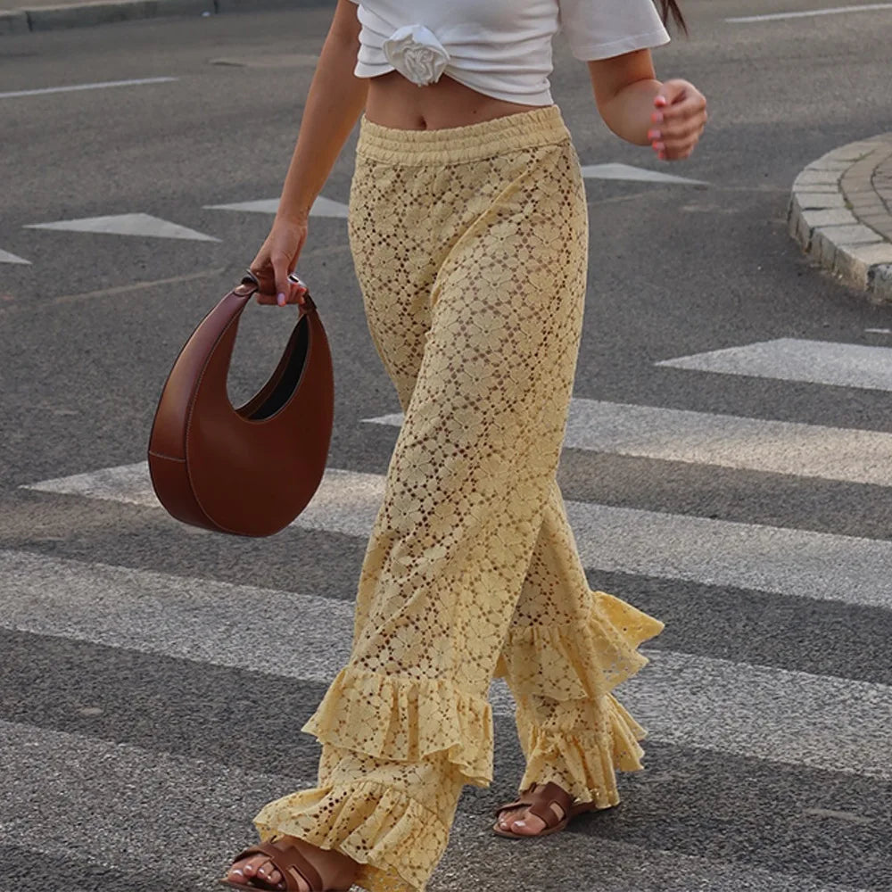autumn and winter fashion sexy lace see-through trousers new style spliced ruffled versatile straight pants