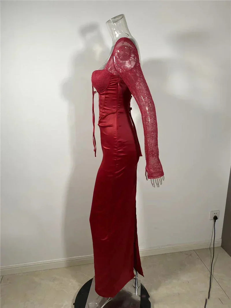 Square Neck Lace-Up Backless Long Sleeve Maxi Dress