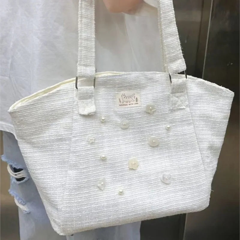 Sweet Button Pearl Shell Bag Women Exquisite White Large Capacity Tote Bag Ladies Elegant Harajuku Commute Shoulder Bags