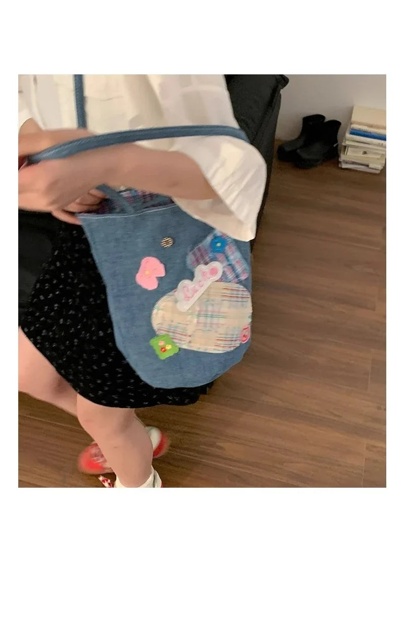 Patchwork Plaid All Match Jeans Bag Trendy Fashion Y2k Aesthetic Underarm Bag Casual Office Lady Shoulder Handbags Women Korean