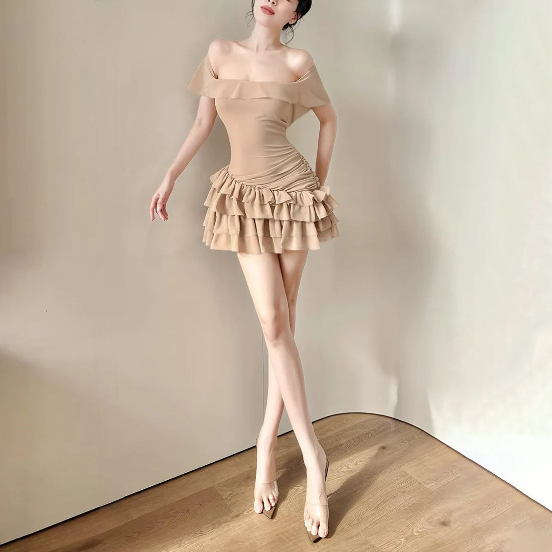 Summer New Women's Clothing One-word Collar Off-the-shoulder Ruffle Leaf Edge Hip-wrapped Cake Dress