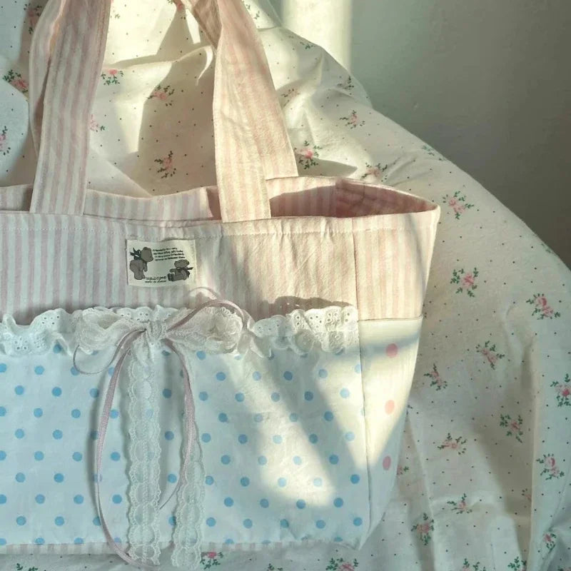 Patchwork Contrast Color Striped Women's Handbags Kawaii Bow Lace Dot Shoulder Underarm Bag Fashion Chic Y2k Aesthetic Tote Bags
