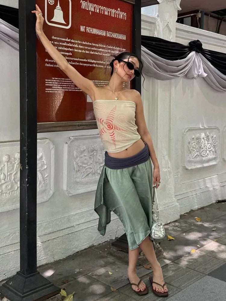 Sexy Vacation Style 2 Piece Set Woman Star Print Wrap Chest Backless Tank Tops+Color Blocking Long Skirts Streetwear