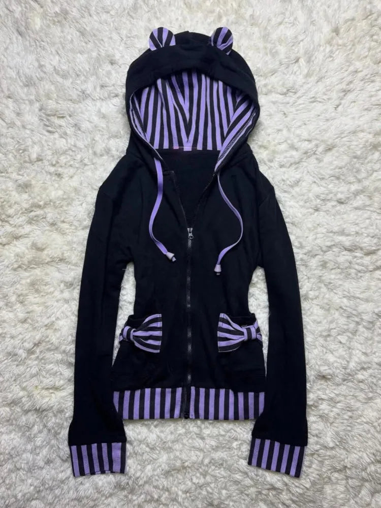 American Vintage Gothic Black Hooded Sweatshirt Autumn Winter Thin Coat Women Y2k Aesthetic Grunge Long Sleeve Jackets