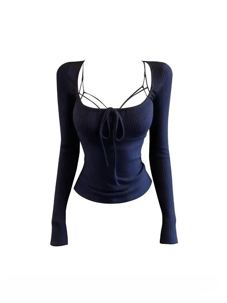 Sexy Square Neck Lace Up Knit Top Women Korea Fashion Slim Fit Long Sleeve Sweater Harajuku Elegant Base Layer Outfits