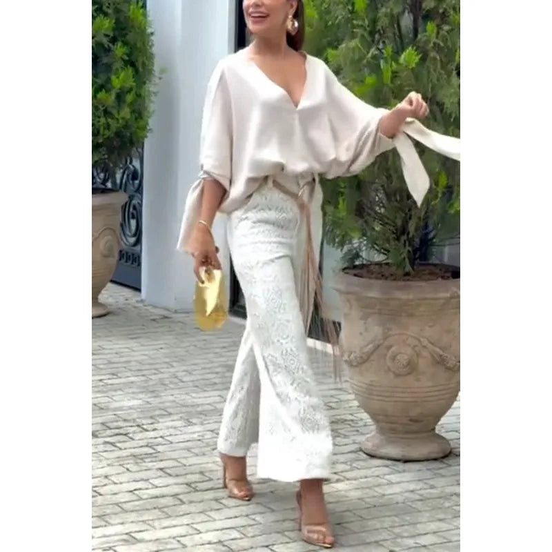 Elegant Women Pants Set Chic Loose Long Batwing Sleeve Shirt Top Wide Leg Pants Two Piece Trousers Set Lace Hollow Out Outfits