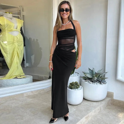 Halter Mesh Ruched Midriff Wrap Panel Bodycon Maxi Gown