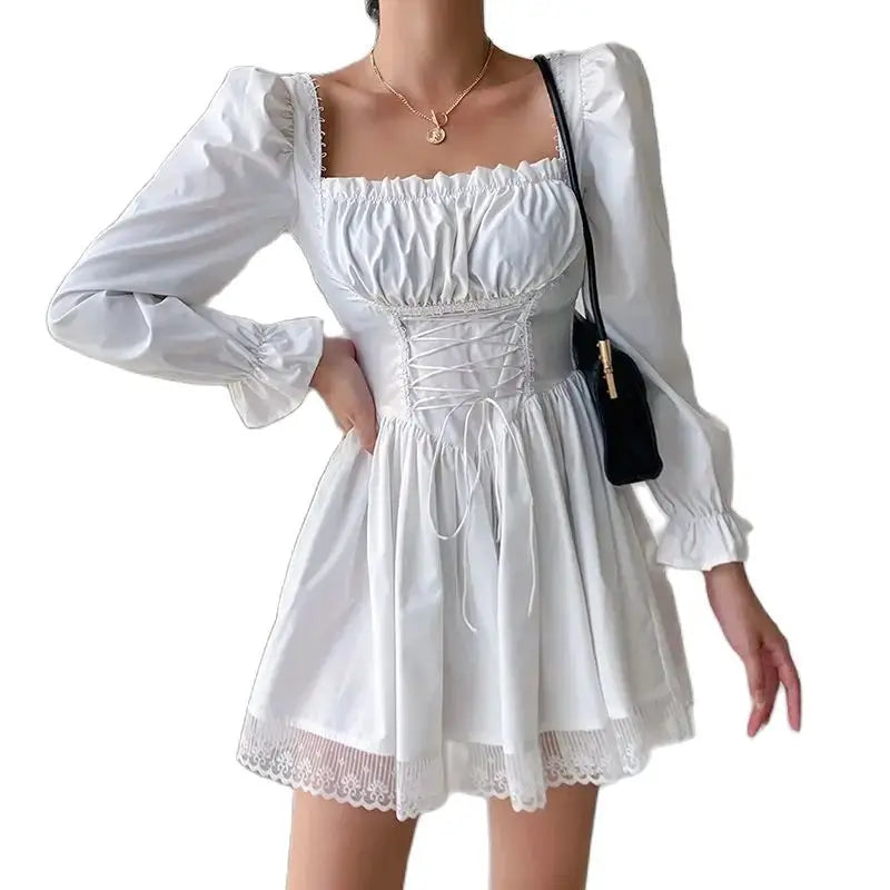 Dress Lace Splicing Puff Sleeves Strap Waist Yabi Long-Sleeved 2024 Spring And Summer New French Ins Princess Skirt