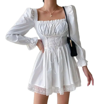 Dress Lace Splicing Puff Sleeves Strap Waist Yabi Long-Sleeved 2024 Spring And Summer New French Ins Princess Skirt