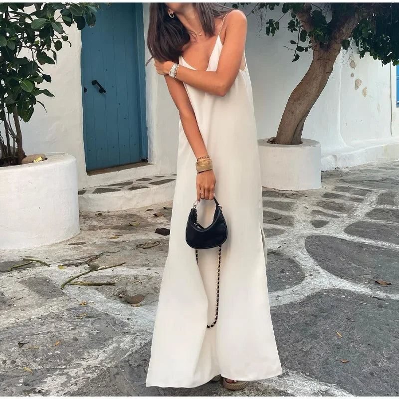 Sexy Backless Women's Side Split Loose Maxi Dress Fashion V-neck Sleeveless Sling Robe Female New Chic Vacation Vestido