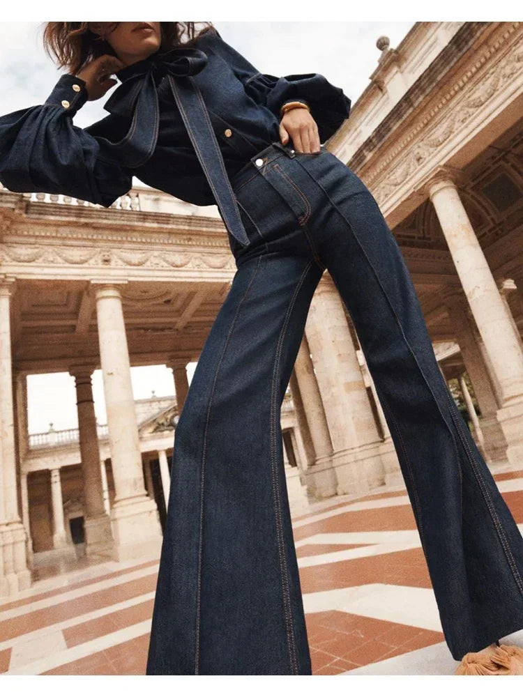 Women's Flared Pants New Autumn Fashion Imitation Denim Jeans High Waisted Loose Fit Split-Joint Casual Trousers