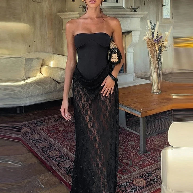 Elegant Spliced See-through Dresses Temperament Sexy Lace Tube Top Evening Dress Summer Strapless Solid Color Slim Banquet Dress