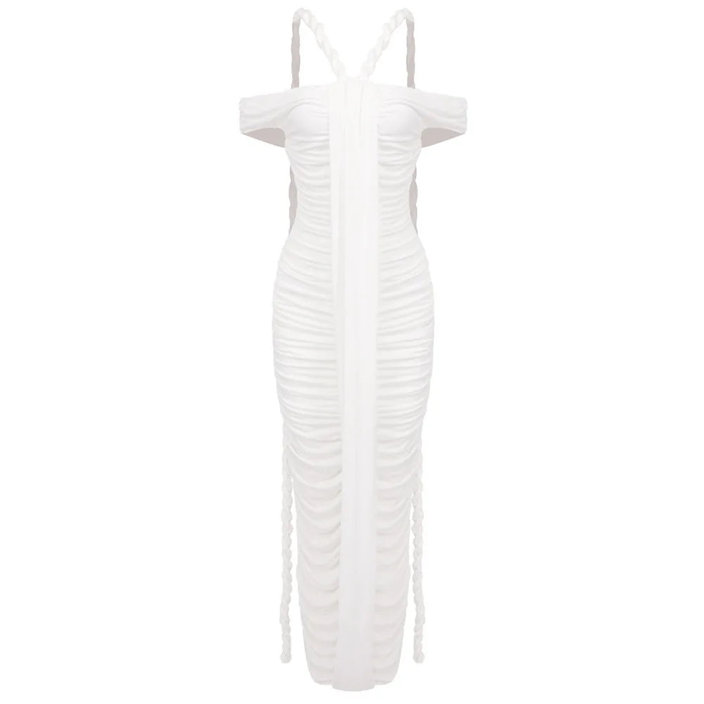Off Shoulder Braided Halter Ruched Center Panel Maxi Gown