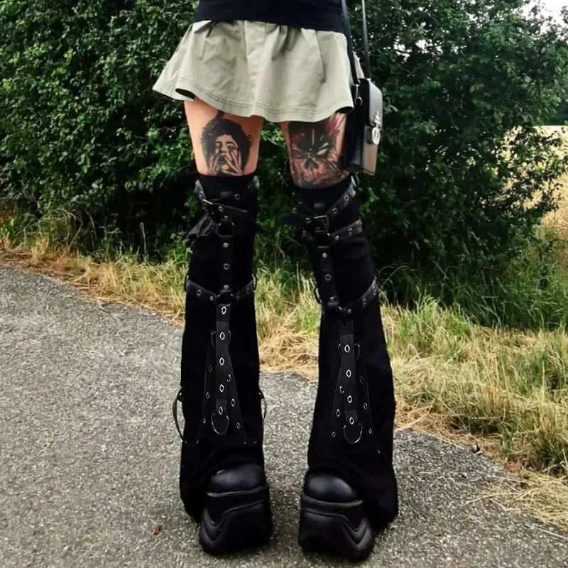 Harajuku Vintage Dark Punk Style Leather Buckle Leggings Micro Flared Leg Covers Women Spring New Leg Warmers