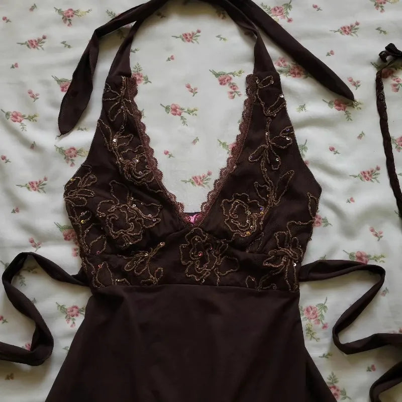 Gothic Sexy Hottie Slim Fit Womens Clothing Y2K Clothes Harajuku Graphic Embroidery Mini Suspender Brown V Neck Halter Skirts