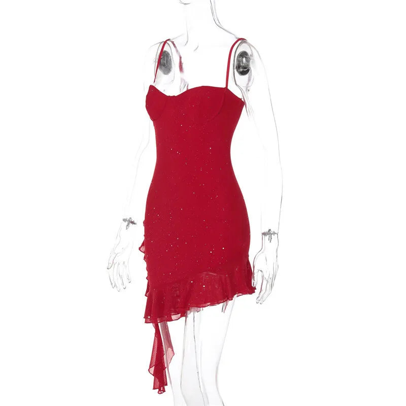Spaghetti Strap Ruffled Sexy Mini Dress For Women Red Fashion Sleeveless Backless High Waist A-line Club Party Dress