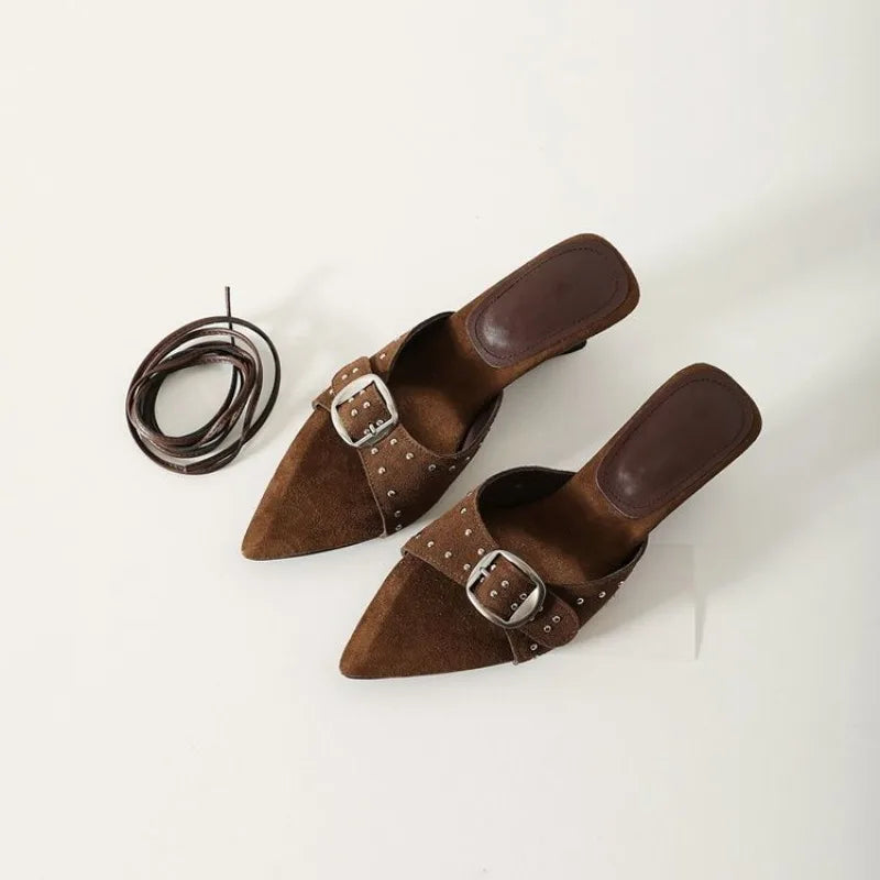 Retro Rivet Women's Pumps and Heels French Pointed Toe Strap Summer Luxury Women's Sandals Fashion Open-toed Wedge Shoe