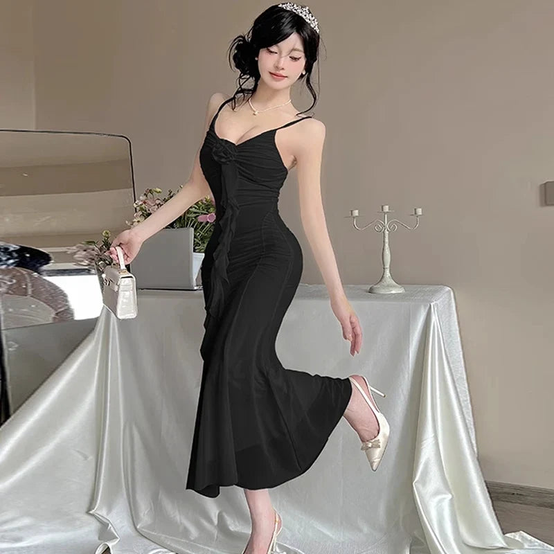 Women Dresses Sleeveless V Neck Ruffles Slim Elegant Backless Ruffles Ribbon Temperament Elegant Dress Sexy Ladies