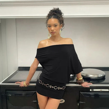 Fashion Mature Elegant Summer Off-the-shoulder Bat-shaped Sleeve Solid Color Loose Slimming Irregular Short Dress for Women
