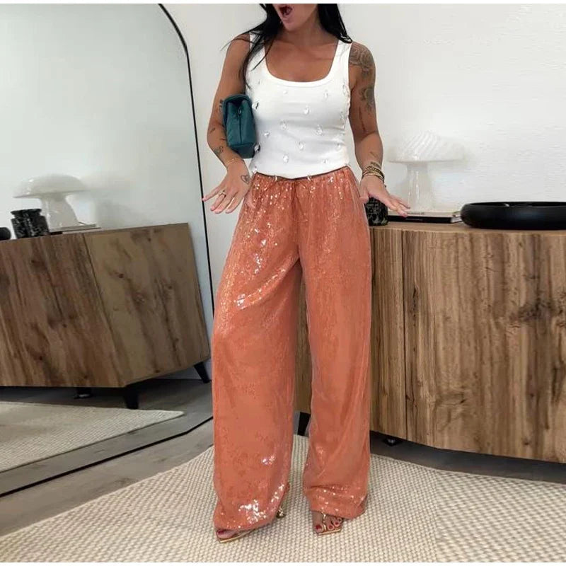 Loose Solid Color Sequin Pants Woman Cinched Waist Glitter Straight Baggy Long Pants Casual Street Chic Sparkle Women's Trousers