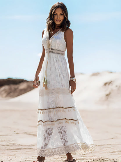 Crochet Lace Tiered Scalloped Hem Side Slit Maxi Dress
